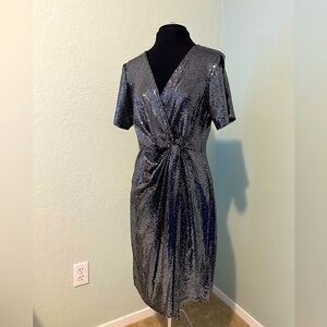 Elegant Metallic Sheath Dress | JM | Flattering Faux Wrap, Holiday Glam